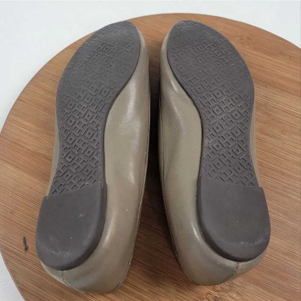 Tory Burch Taupe Leather Logo Ballet Flats